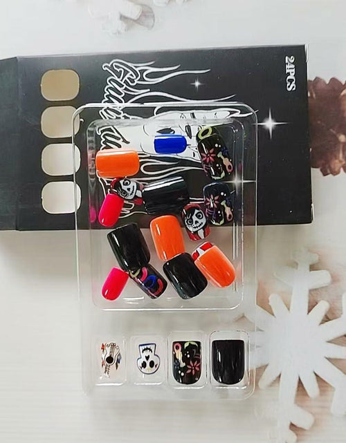Load image into Gallery viewer, CEWEWP Halloween Press On Nails Short Square Acrylic Black Skull 24pcs
