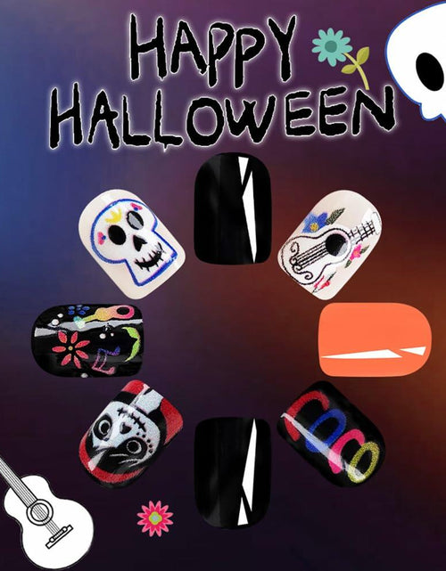Load image into Gallery viewer, CEWEWP Halloween Press On Nails Short Square Acrylic Black Skull 24pcs
