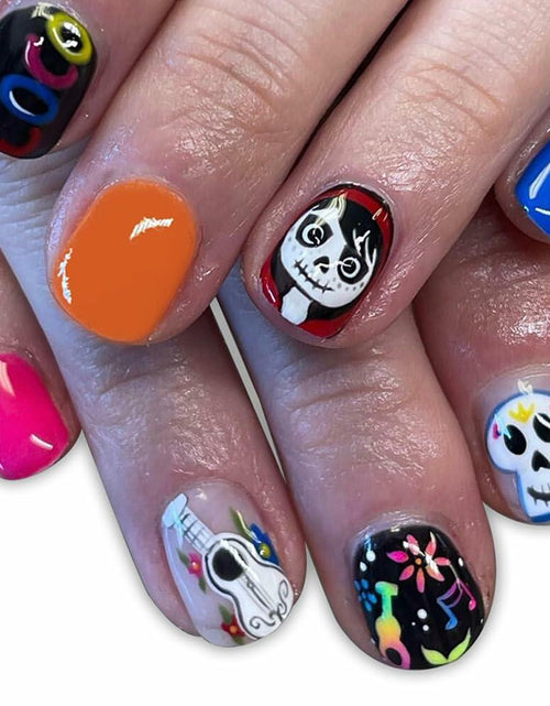 Load image into Gallery viewer, CEWEWP Halloween Press On Nails Short Square Acrylic Black Skull 24pcs
