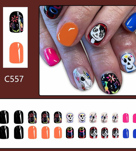 CEWEWP Halloween Press On Nails Short Square Acrylic Black Skull 24pcs