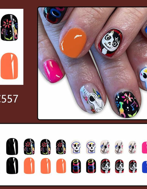 Load image into Gallery viewer, CEWEWP Halloween Press On Nails Short Square Acrylic Black Skull 24pcs
