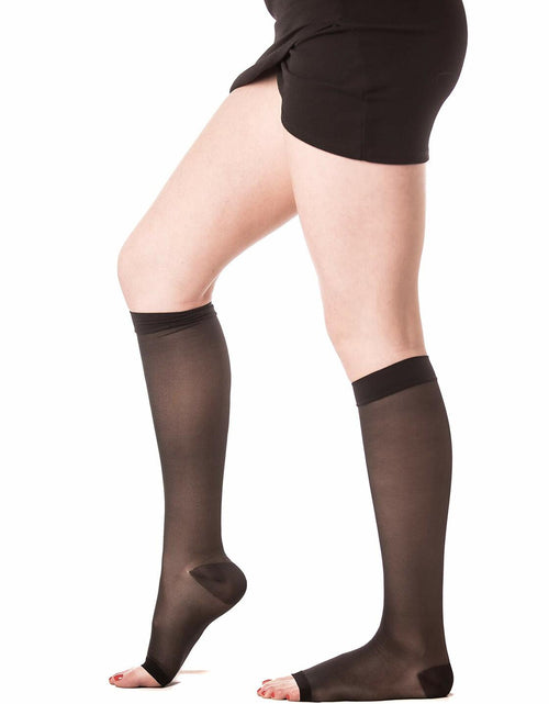 Load image into Gallery viewer, Medicella Sheer Knee High Compression Socks Open Toe 15-20 mmHg Black
