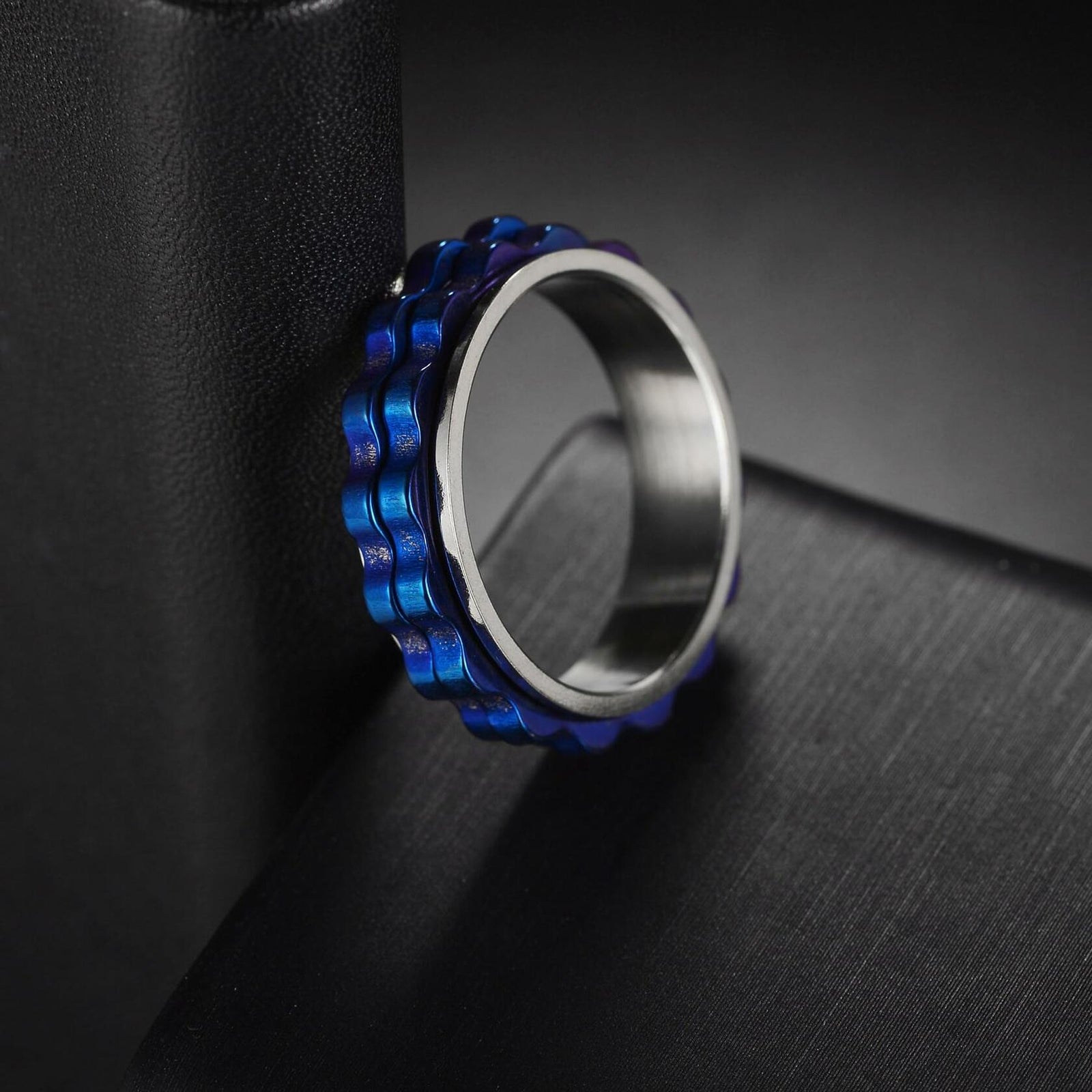 Udolfly Titanium Steel Womens Fidget Spinner Ring Silver Blue Size 12