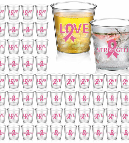 Nuogo Breast Cancer Pink Plastic Shot Glasses 2.87oz 100 Pcs Clear Pink