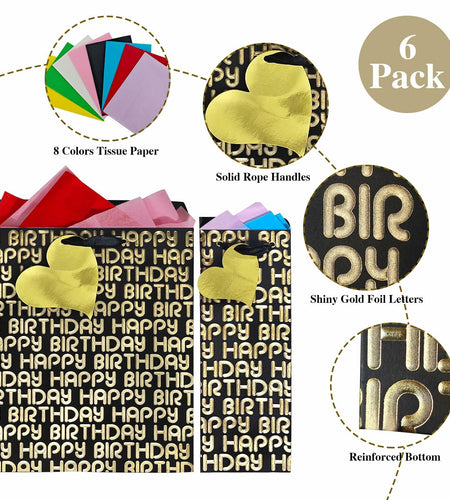 suosicn 8 Pack Black Embossed Metallic Polka Dot Paper Gift Bags with Handles