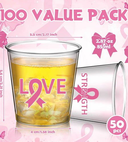 Nuogo Breast Cancer Pink Plastic Shot Glasses 2.87oz 100 Pcs Clear Pink