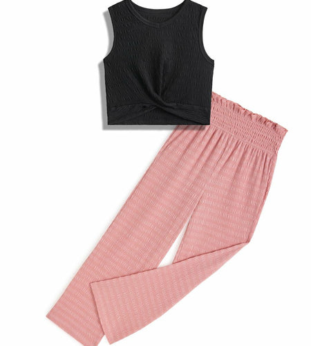 Handfrog Girls 2PC Tie Knot Crop Top & Wide Leg Pants Set Black/Pink Size 7-8Y