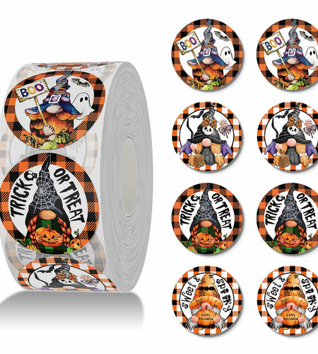 ZAEW Halloween Sticker Roll 500pcs 1.5" Round Colored Gnomes Decals