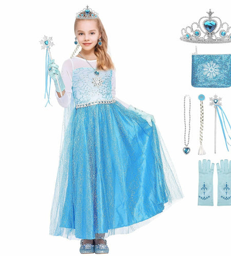 Tackview Girls Princess Costume Dress Blue with Handbag Crown Wand Size M