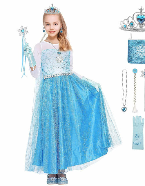Load image into Gallery viewer, Tackview Girls Princess Costume Dress Blue with Handbag Crown Wand Size M
