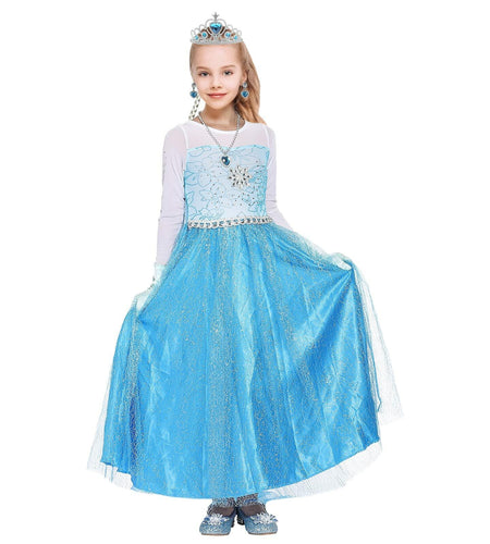 Tackview Girls Princess Costume Dress Blue with Handbag Crown Wand Size M