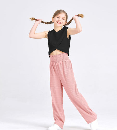 Handfrog Girls 2PC Tie Knot Crop Top & Wide Leg Pants Set Black/Pink Size 7-8Y