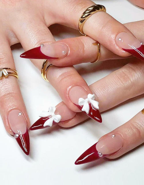 Load image into Gallery viewer, Red French Press On Nails Almond Medium Glossy Bow Pearl 24 Pcs
