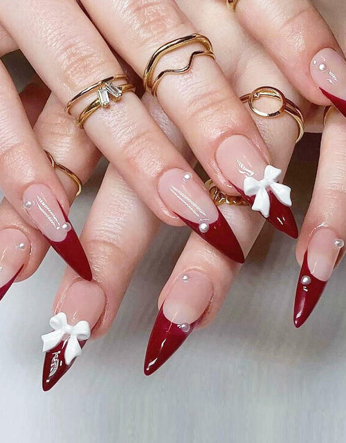Load image into Gallery viewer, Red French Press On Nails Almond Medium Glossy Bow Pearl 24 Pcs

