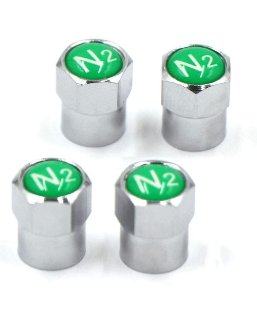 Load image into Gallery viewer, ACCRETION Chrome Brass Valve Stem Caps N2 Nitrogen Logo 4 pcs Red/Silver
