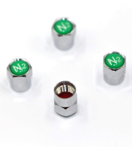 ACCRETION Chrome Brass Valve Stem Caps N2 Nitrogen Logo 4 pcs Red/Silver