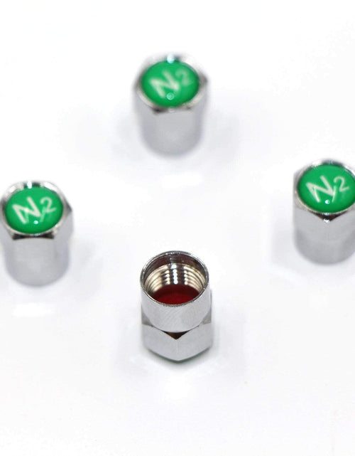 Load image into Gallery viewer, ACCRETION Chrome Brass Valve Stem Caps N2 Nitrogen Logo 4 pcs Red/Silver
