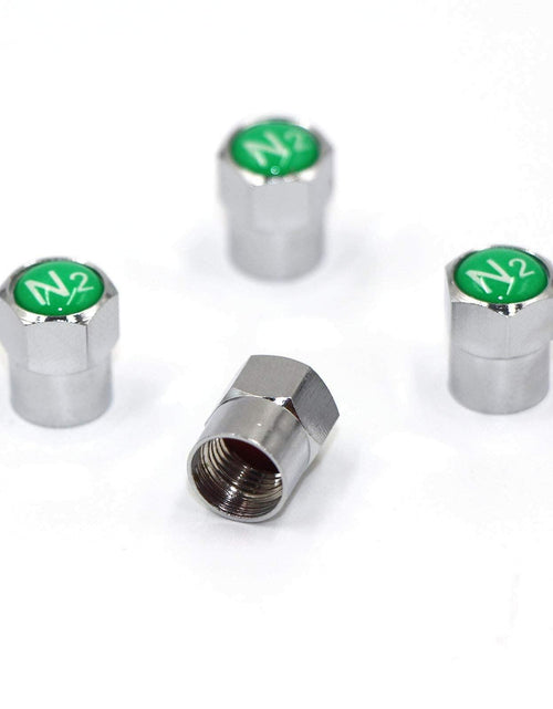 Load image into Gallery viewer, ACCRETION Chrome Brass Valve Stem Caps N2 Nitrogen Logo 4 pcs Red/Silver
