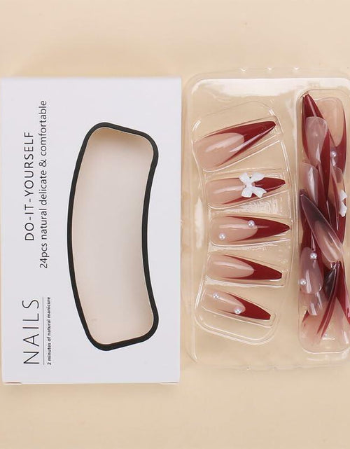 Load image into Gallery viewer, Red French Press On Nails Almond Medium Glossy Bow Pearl 24 Pcs
