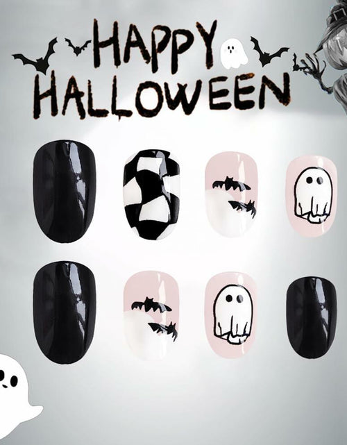Load image into Gallery viewer, Halloween Press On Nails Short Square Ghost Pumpkin Bat Black Nails
