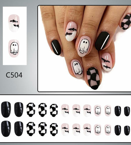 Halloween Press On Nails Short Square Ghost Pumpkin Bat Black Nails