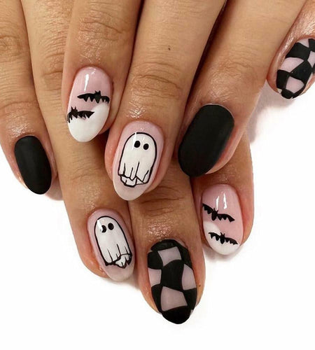 Halloween Press On Nails Short Square Ghost Pumpkin Bat Black Nails