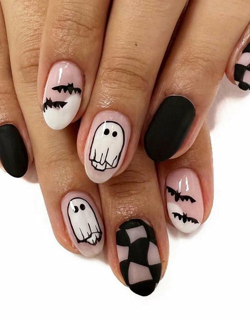 Load image into Gallery viewer, Halloween Press On Nails Short Square Ghost Pumpkin Bat Black Nails
