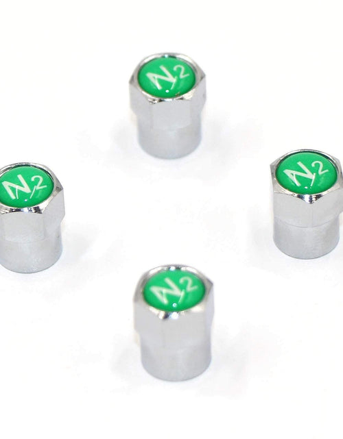Load image into Gallery viewer, ACCRETION Chrome Brass Valve Stem Caps N2 Nitrogen Logo 4 pcs Red/Silver
