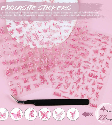 kikonoke 3D Butterfly Nail Stickers Laser Pink Sun Moon Star 4 Sheets