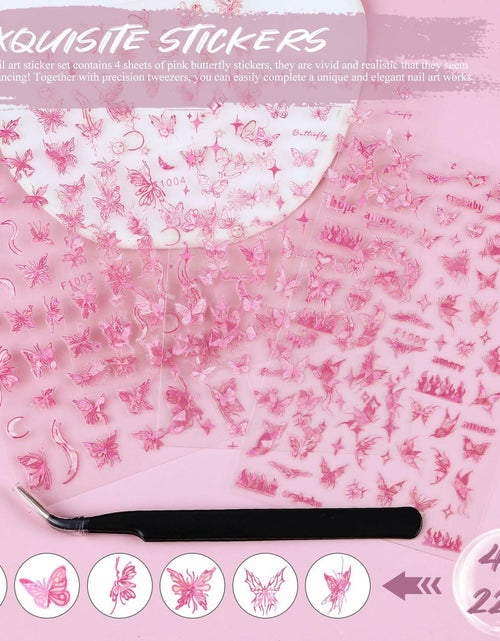 Load image into Gallery viewer, kikonoke 3D Butterfly Nail Stickers Laser Pink Sun Moon Star 4 Sheets
