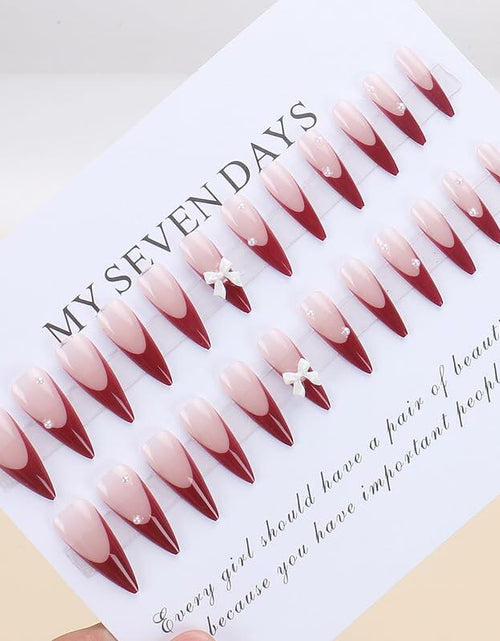 Load image into Gallery viewer, Red French Press On Nails Almond Medium Glossy Bow Pearl 24 Pcs
