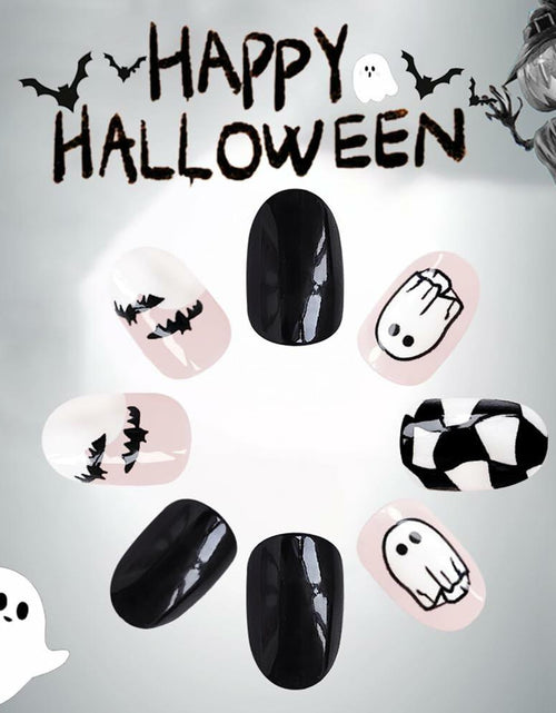 Load image into Gallery viewer, Halloween Press On Nails Short Square Ghost Pumpkin Bat Black Nails
