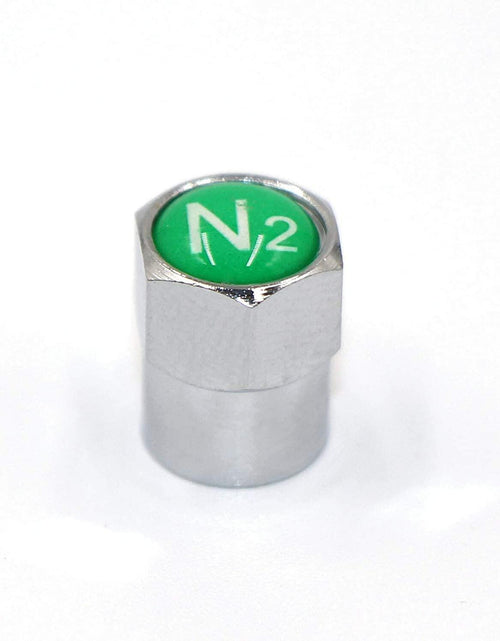 Load image into Gallery viewer, ACCRETION Chrome Brass Valve Stem Caps N2 Nitrogen Logo 4 pcs Red/Silver
