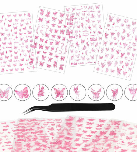 kikonoke 3D Butterfly Nail Stickers Laser Pink Sun Moon Star 4 Sheets