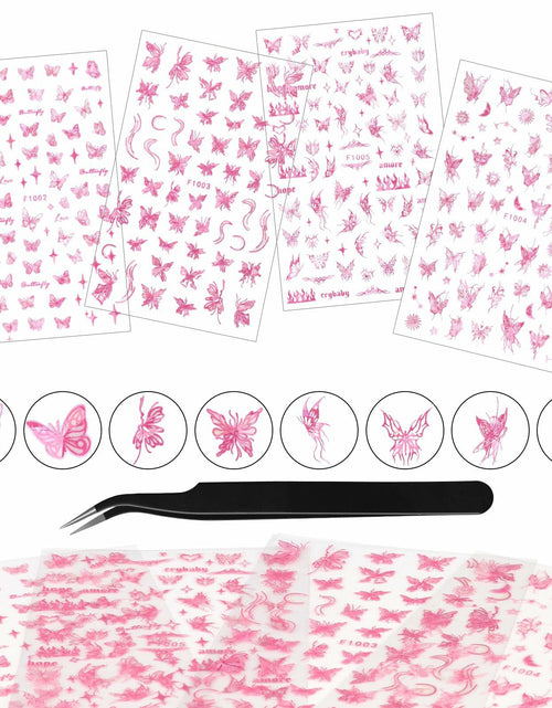 Load image into Gallery viewer, kikonoke 3D Butterfly Nail Stickers Laser Pink Sun Moon Star 4 Sheets
