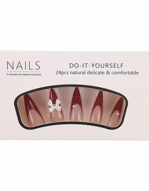 Load image into Gallery viewer, Red French Press On Nails Almond Medium Glossy Bow Pearl 24 Pcs
