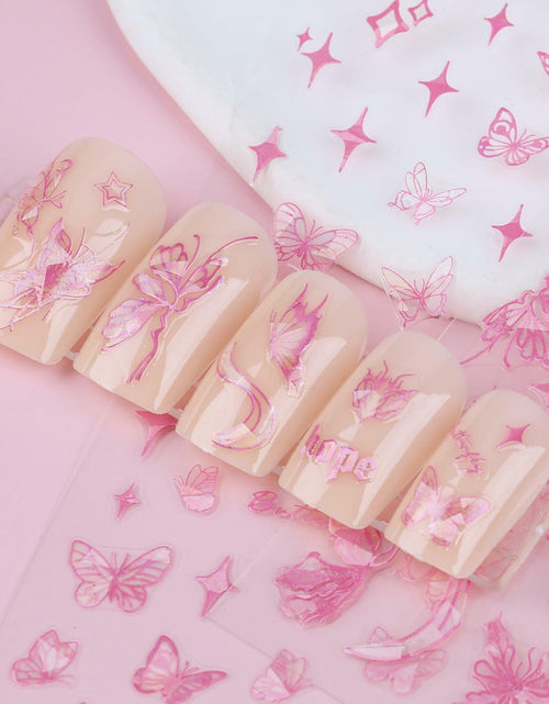 Load image into Gallery viewer, kikonoke 3D Butterfly Nail Stickers Laser Pink Sun Moon Star 4 Sheets
