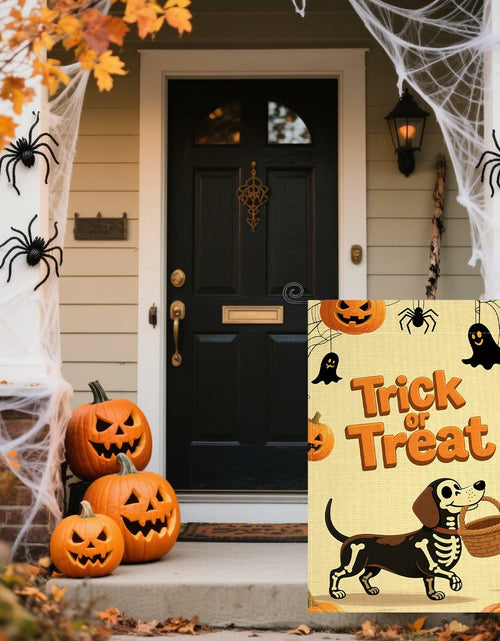 Load image into Gallery viewer, Halloween Trick or Treat Garden Flag 12x18 Double Sided Ghost Dog
