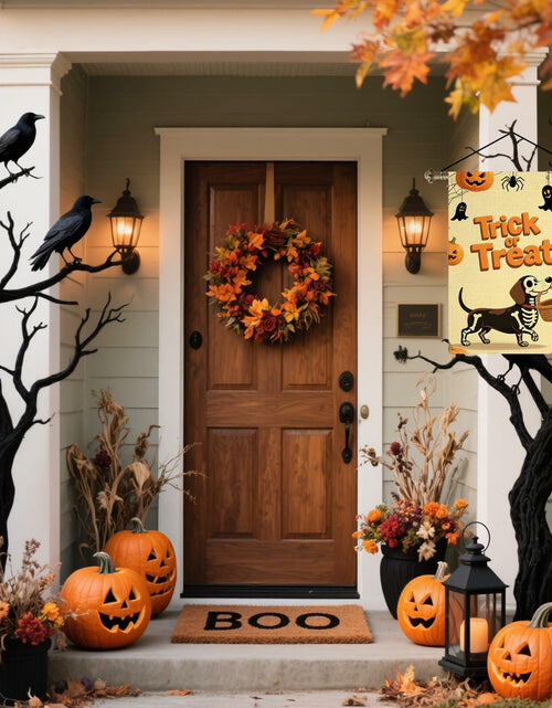 Load image into Gallery viewer, Halloween Trick or Treat Garden Flag 12x18 Double Sided Ghost Dog
