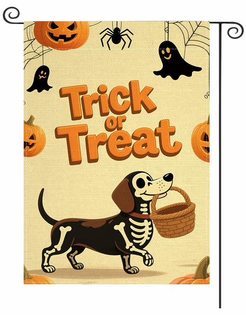 Load image into Gallery viewer, Halloween Trick or Treat Garden Flag 12x18 Double Sided Ghost Dog

