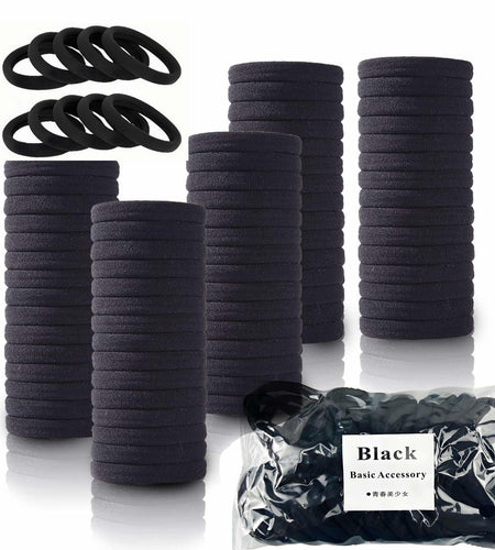 TANJY Black Hair Ties 100 Pcs Seamless Ponytail Holders Thick Hair