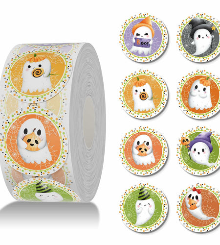 ZAEW Halloween Sticker Roll 500pcs 1.5" Colored Ghosts Round Decals