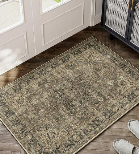 WondRg 2x3 Washable Non-Slip Low Pile Vintage Area Rug Beige
