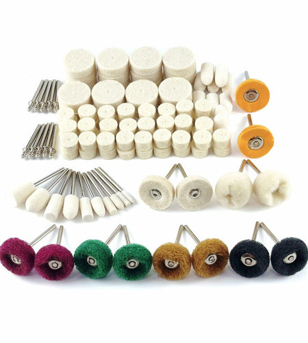 VZLQZJMKY 114 Pcs Wool Polishing Wheel Kit Rotary Tools 1/8" Shank Resin