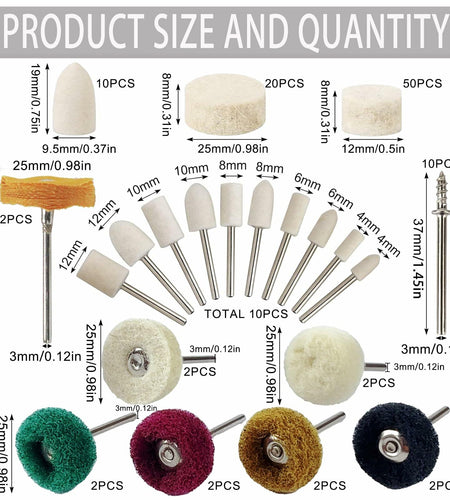 VZLQZJMKY 114 Pcs Wool Polishing Wheel Kit Rotary Tools 1/8" Shank Resin