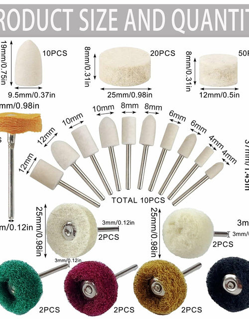 Load image into Gallery viewer, VZLQZJMKY 114 Pcs Wool Polishing Wheel Kit Rotary Tools 1/8" Shank Resin

