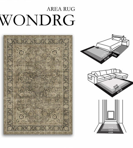 WondRg 2x3 Washable Non-Slip Low Pile Vintage Area Rug Beige