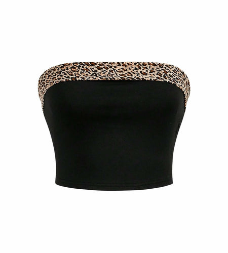 BEAUDRM Women's Leopard Crop Tube Top Strapless Sleeveless Black Size L