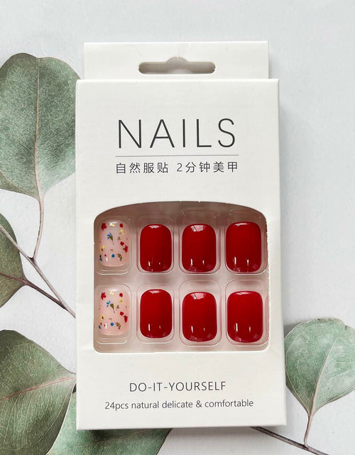 Load image into Gallery viewer, LYLYNB 24pcs Wine Red Floral Square False Nails Glossy Full Cover Set

