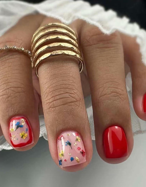 Load image into Gallery viewer, LYLYNB 24pcs Wine Red Floral Square False Nails Glossy Full Cover Set
